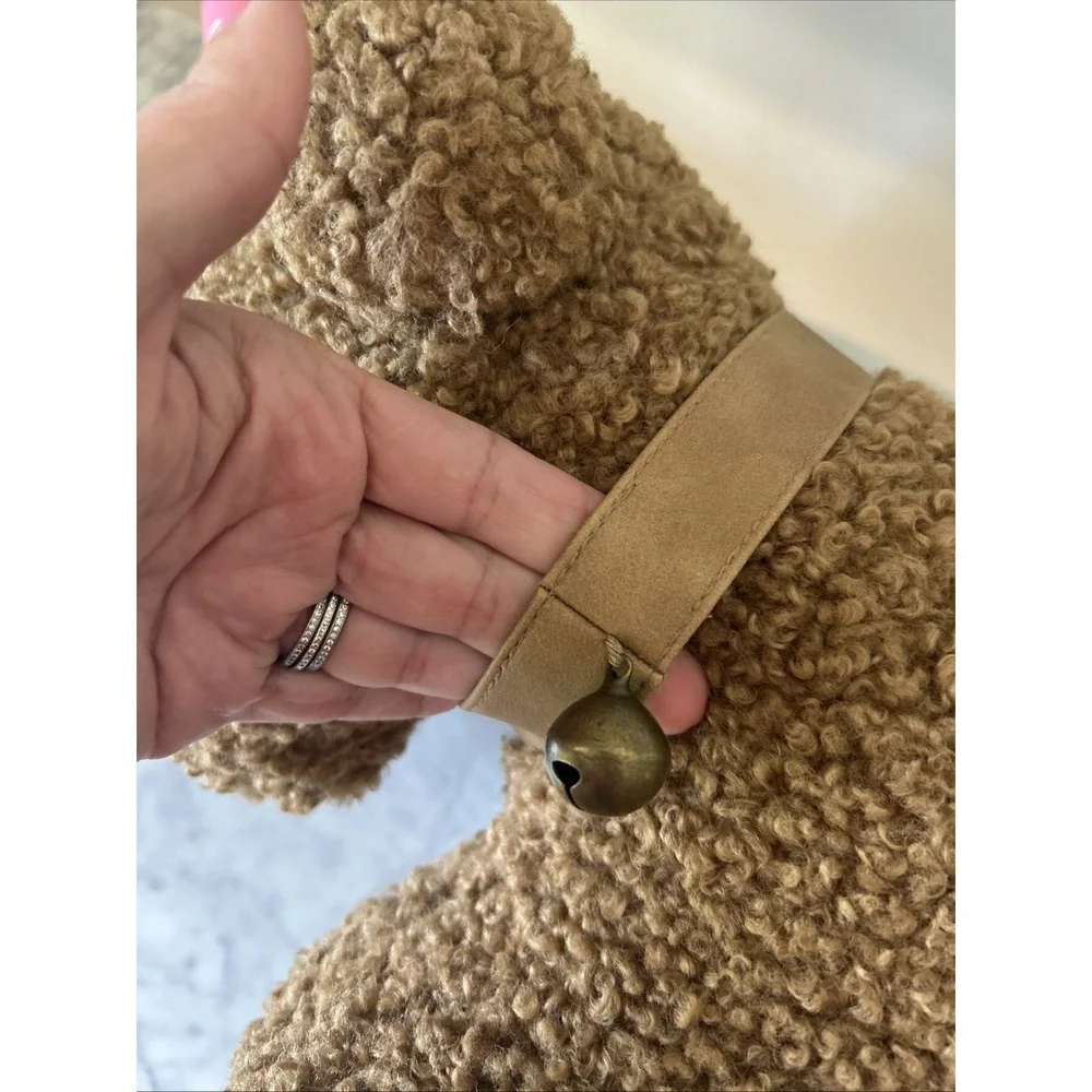 POTTERY BARN BROWN DOODLE DOG PLUSH PILLOW CURLY PLUSH COLLAR BELL